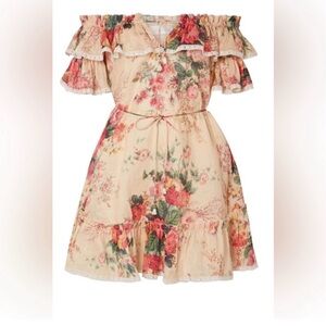 Zimmermann Laelia Off shoulder Linen Mini Dress Meadow Floral AU 1, US 4 6 S